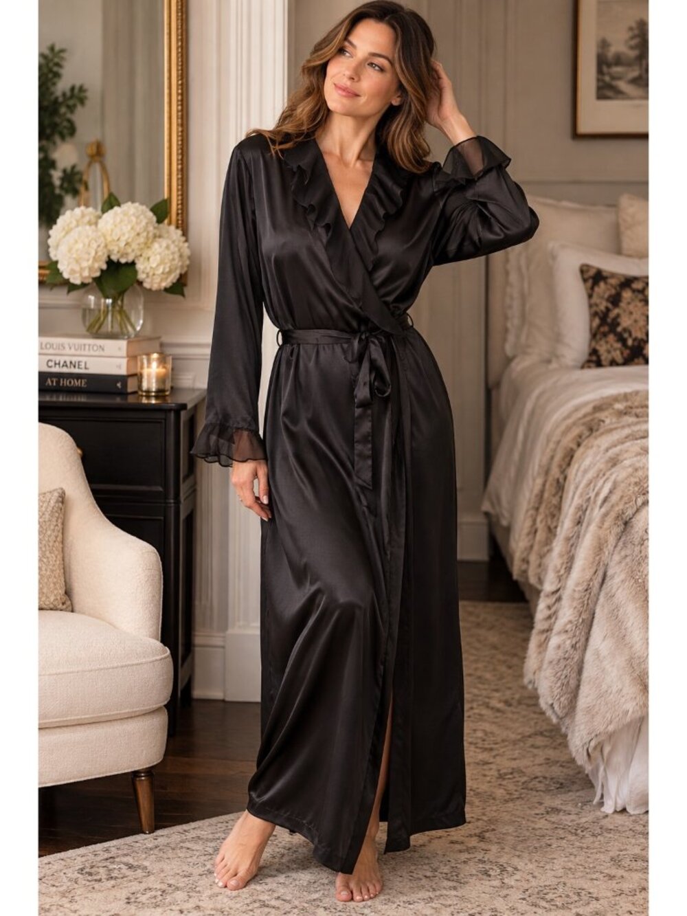Oscar de la Renta Pink Label L Black Satin Ruffle Maxi Robe Belted Vintage